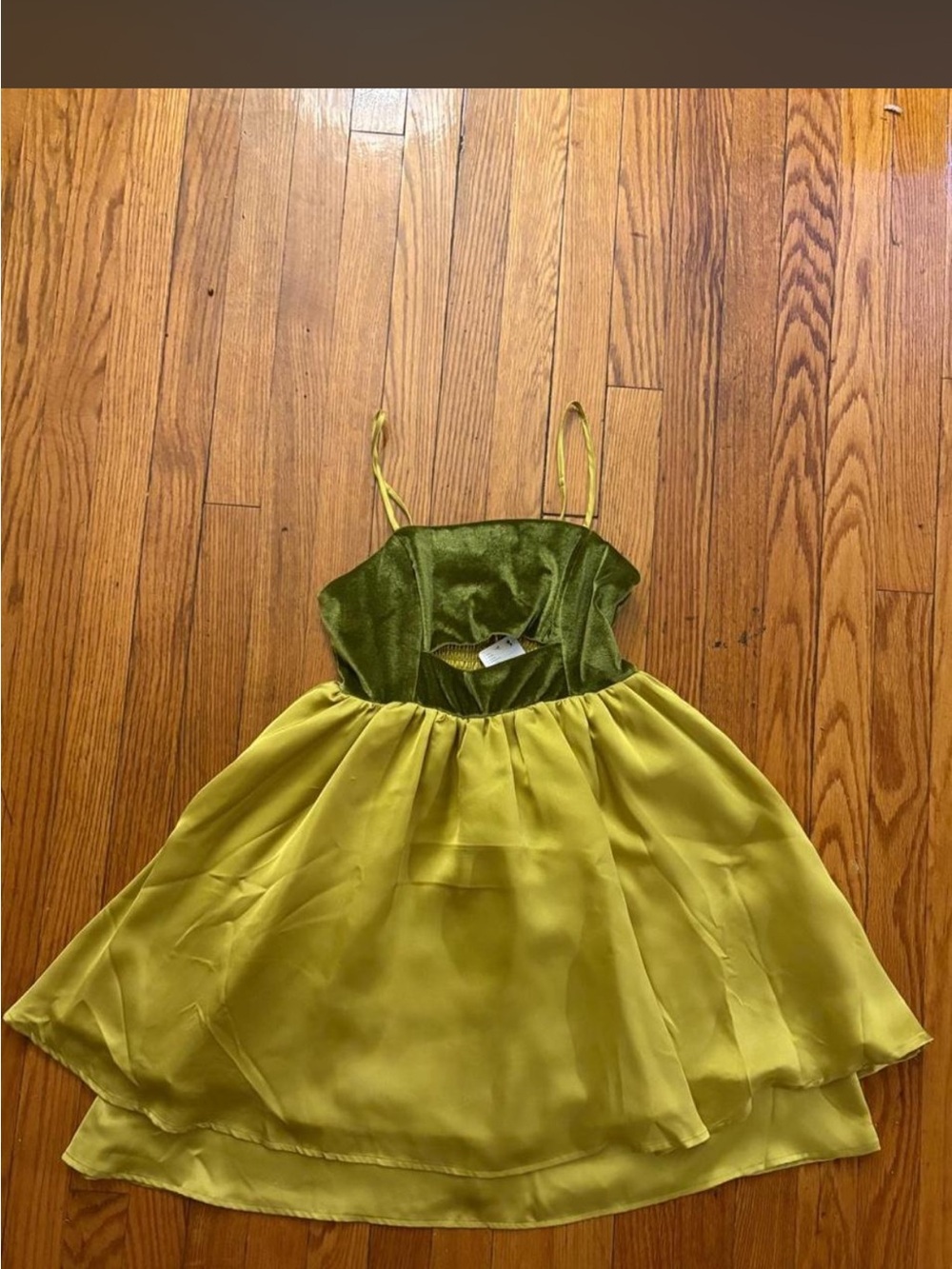 Green Satin & Velvet Mini Dress with Spaghetti Straps